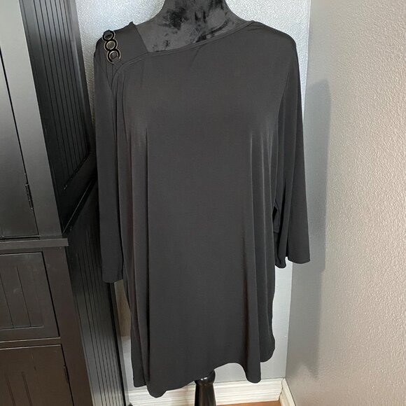Susan Graver Blouse Size 1X Black 3/4 Sleeve Tunic Asymmetrical Neckline Glam - Picture 1 of 9
